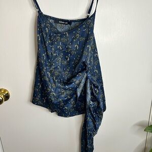 Sugar Lips Blue Floral Draped Asymmetrical Blouse | Size M | Romantic Satin Top
